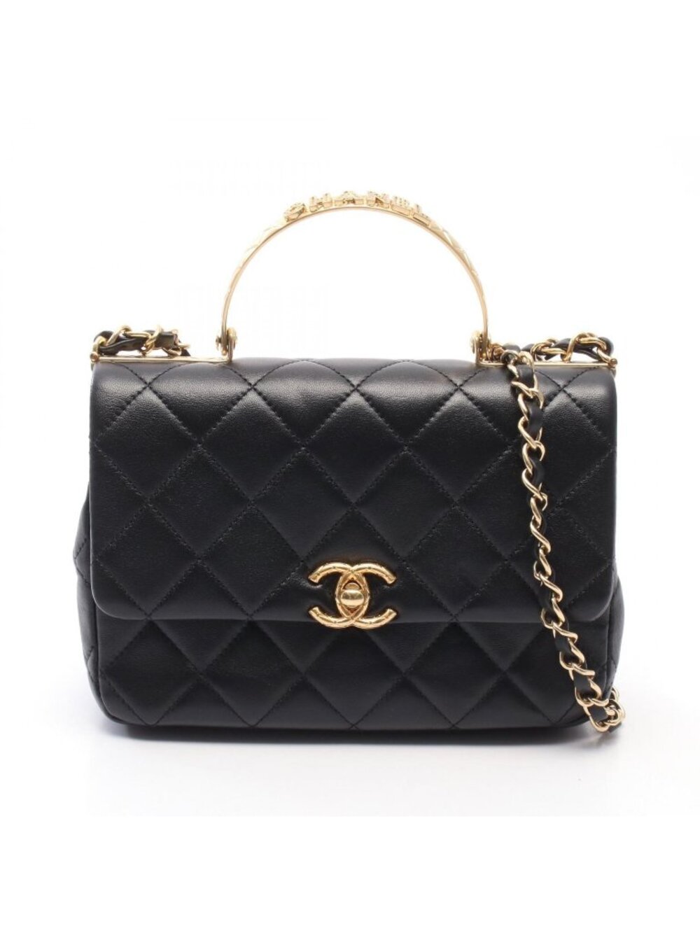 Chanel Shoulder Bag Top Handle Quilted 2-Way Black Lambskin Chain